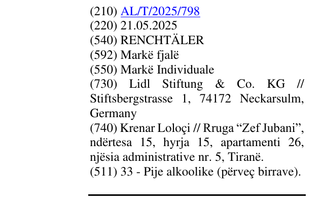 Zëri i markës RENCHTÄLER në buletin