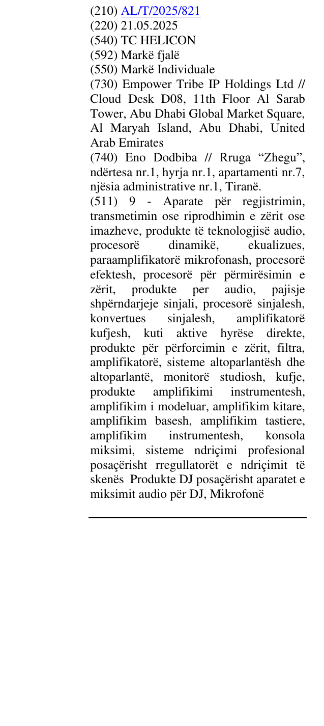 Zëri i markës TC HELICON në buletin