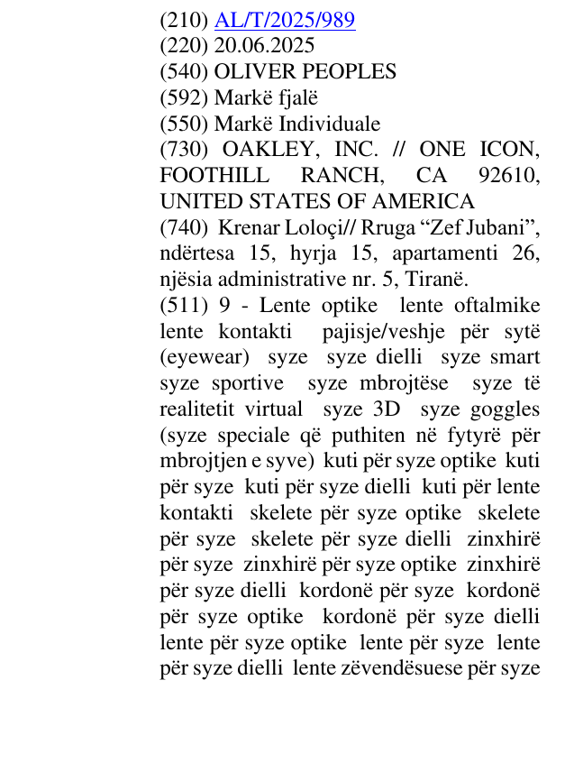 Zëri i markës OLIVER PEOPLES në buletin