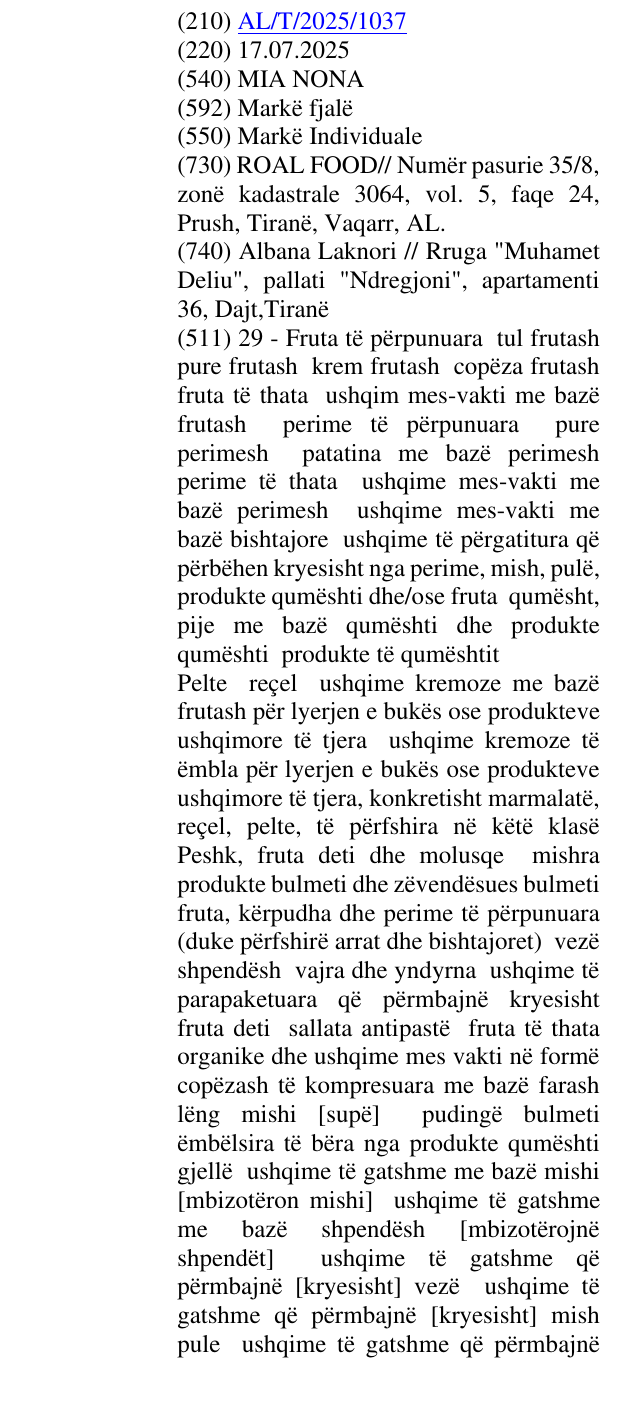 Zëri i markës MIA NONA në buletin