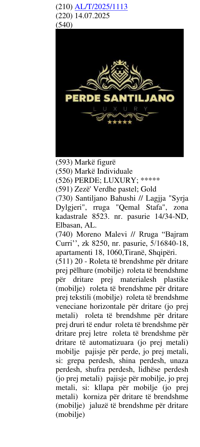 Zëri i markës PERDE; LUXURY; ***** në buletin