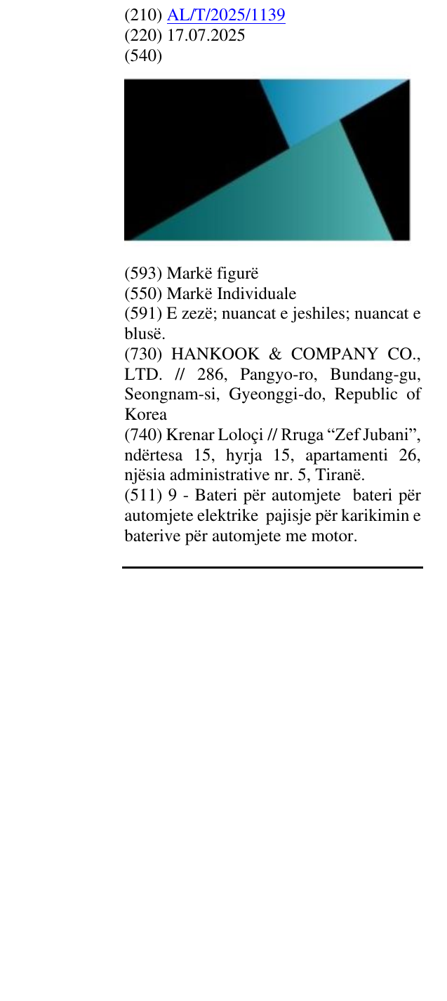 Zëri i markës AL/T/2025/1139 në buletin