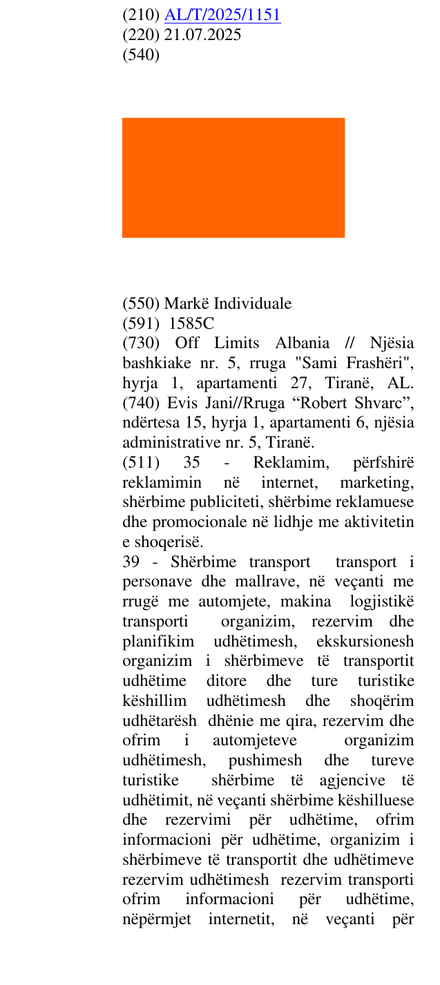 Zëri i markës AL/T/2025/1151 në buletin