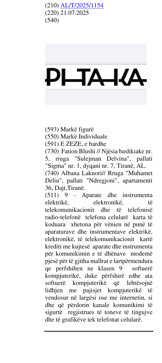 Zëri i markës PITAKA në buletin