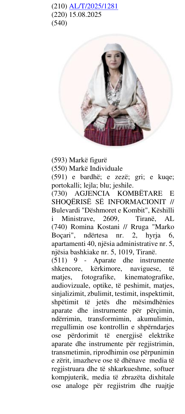 Zëri i markës AL/T/2025/1281 në buletin