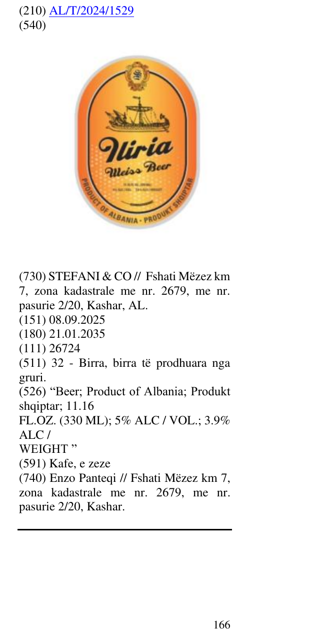 Zëri i markës “Beer; Product of Albania; Produkt shqiptar; 11.16 FL.OZ. (330 ML); 5% ALC / VOL.; 3.9% ALC / WEIGHT ” në buletin