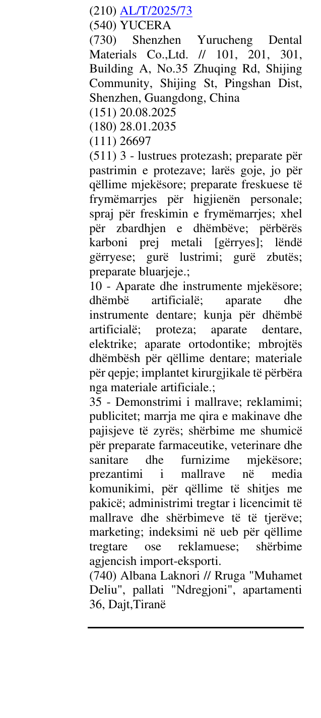 Zëri i markës YUCERA në buletin
