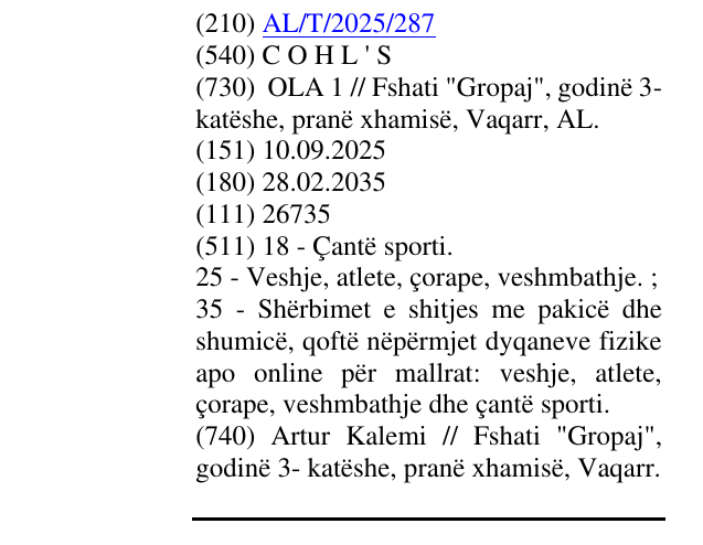 Zëri i markës C O H L ' S në buletin