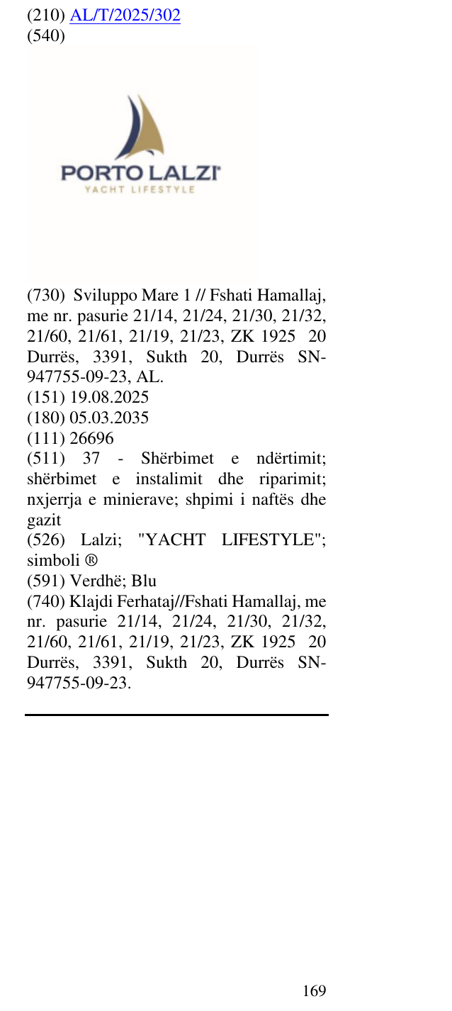 Zëri i markës Lalzi; "YACHT LIFESTYLE"; simboli ® në buletin