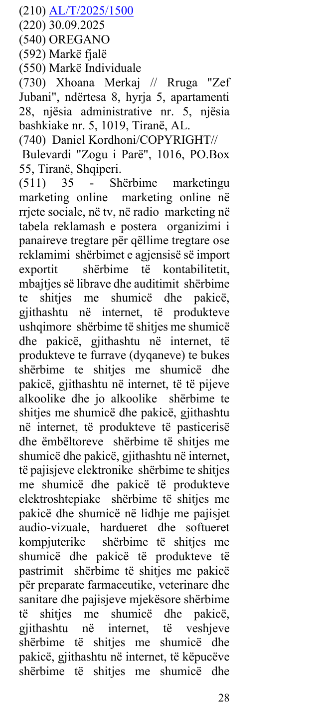 Zëri i markës OREGANO në buletin