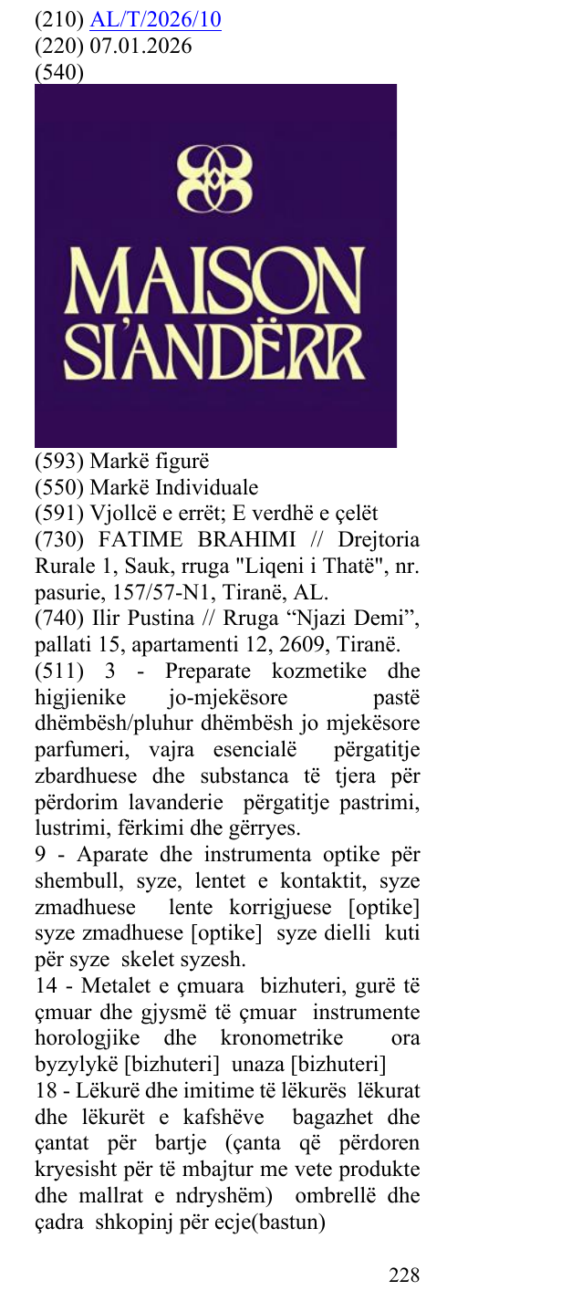 Zëri i markës MAISON SI’ANDËRR në buletin