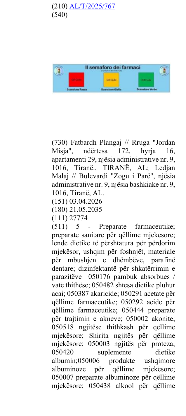 Zëri i markës "dei farmaci"; “dei medicinali; “QR Code”; “Scansione Rosse”; “Scansione Gialla”; Scansione Verde”; “Clnc. Pharm” ; “Prof. Dr.”. në buletin