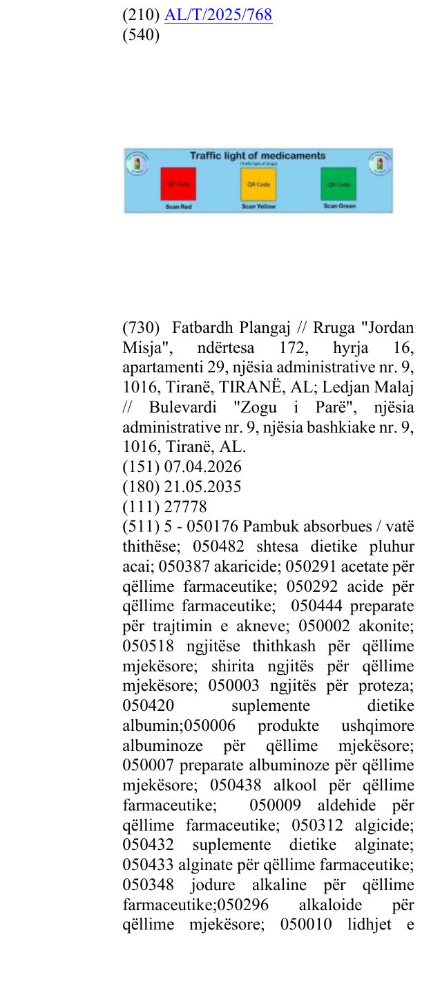 Zëri i markës “of medicaments”; “of drugs”; “QR Code”; “Scan Red”; “Scan Yellow”; Scan Green”; “Clnc. Pharm” ; “Prof. Dr.” në buletin
