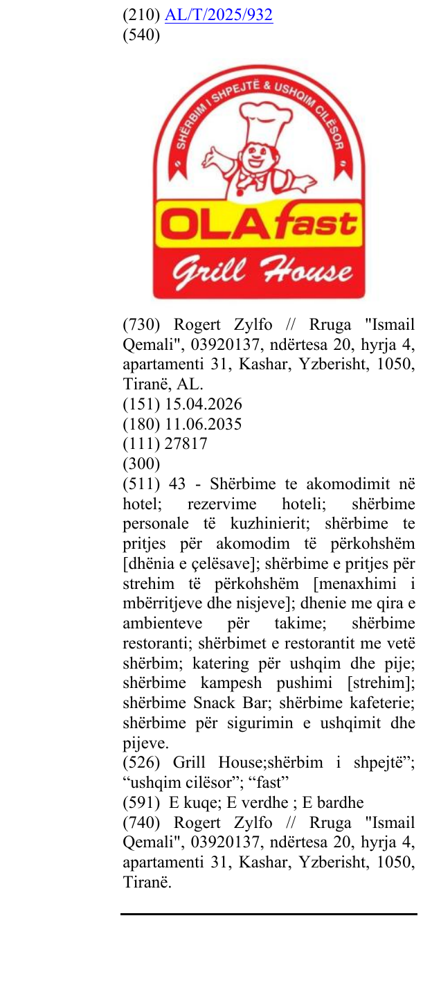 Zëri i markës Grill House;shërbim i shpejtë”; “ushqim cilësor”; “fast” në buletin