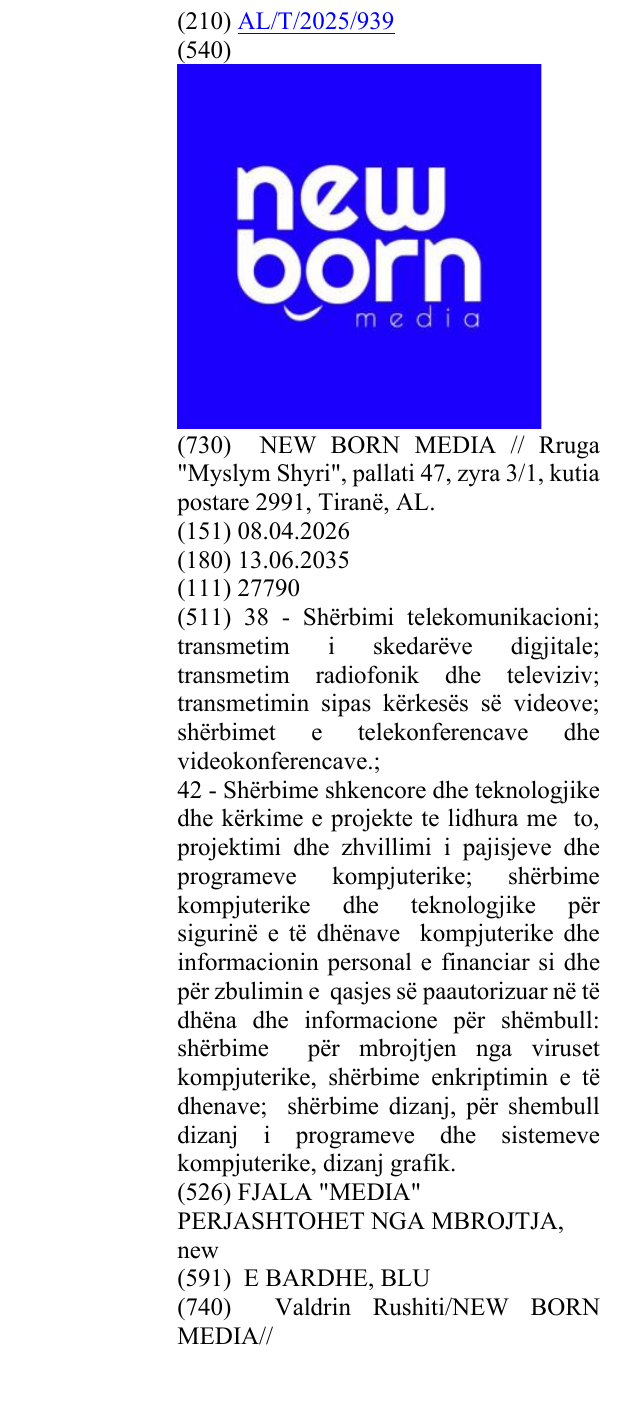 Zëri i markës FJALA "MEDIA" PERJASHTOHET NGA MBROJTJA, new në buletin