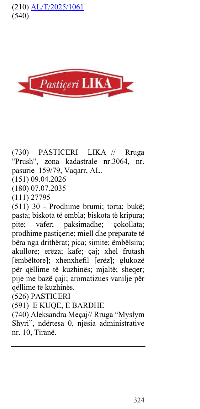 Zëri i markës PASTICERI në buletin