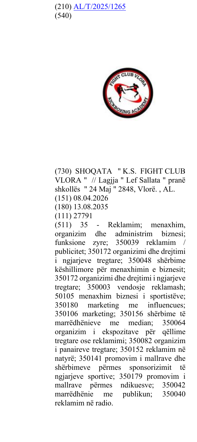 Zëri i markës ACADEMY (akademi), VLORA, CLUB, KICKBOXING në buletin