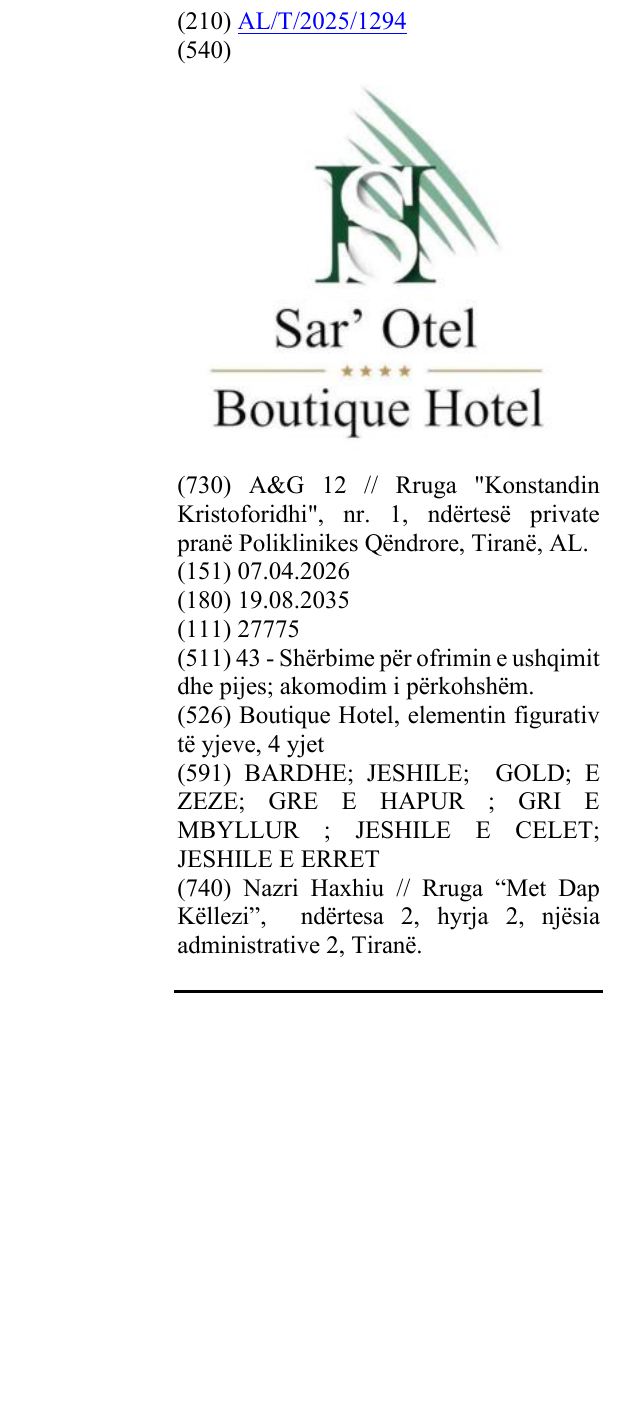 Zëri i markës Boutique Hotel, elementin figurativ të yjeve, 4 yjet në buletin