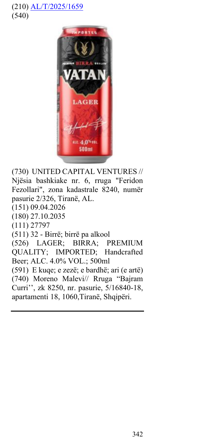 Zëri i markës LAGER; BIRRA; PREMIUM QUALITY; IMPORTED; Handcrafted Beer; ALC. 4.0% VOL.; 500ml në buletin