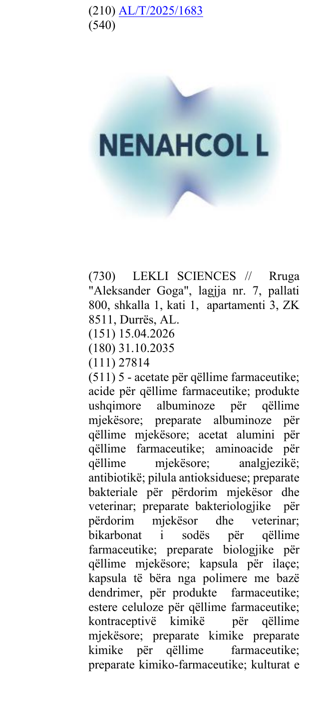 Zëri i markës NENAHCOL L në buletin