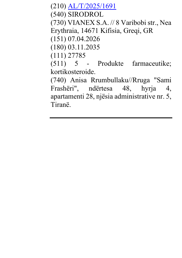 Zëri i markës SIRODROL në buletin