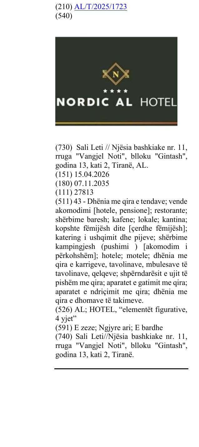 Zëri i markës AL; HOTEL, “elementët figurative, 4 yjet” në buletin
