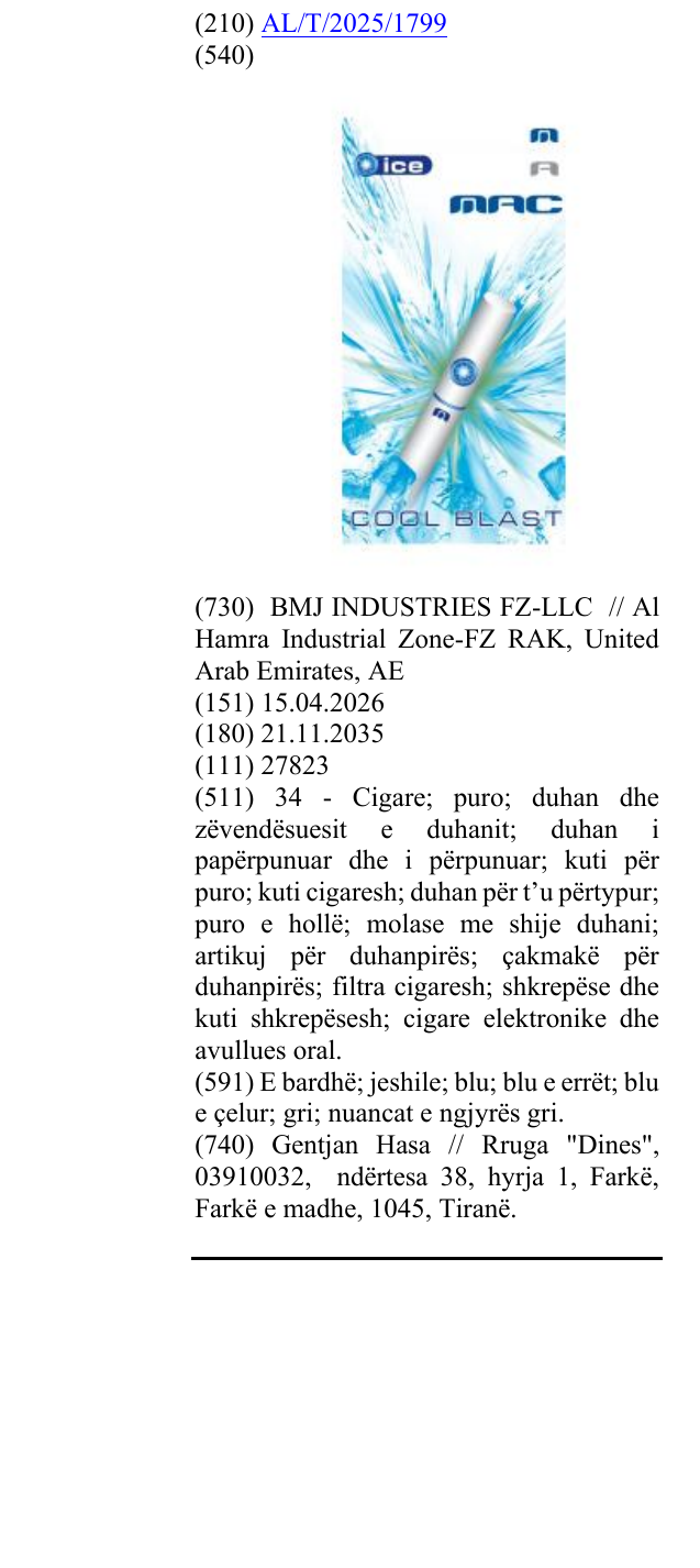 Zëri i markës ice MAC COOL BLAST në buletin