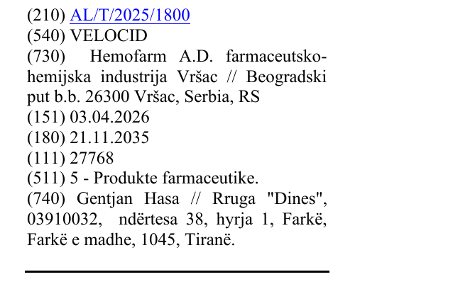 Zëri i markës VELOCID në buletin