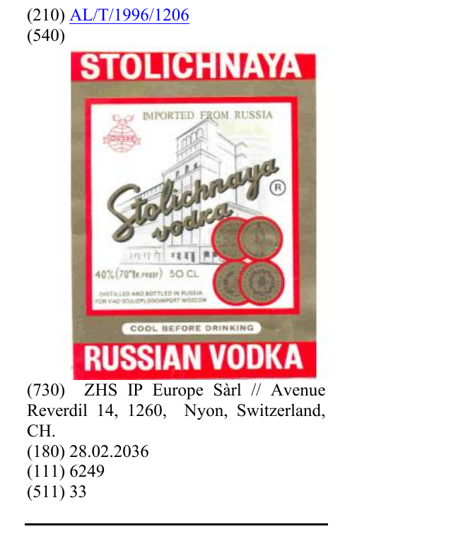 Zëri i markës STOLICHNAYA në buletin