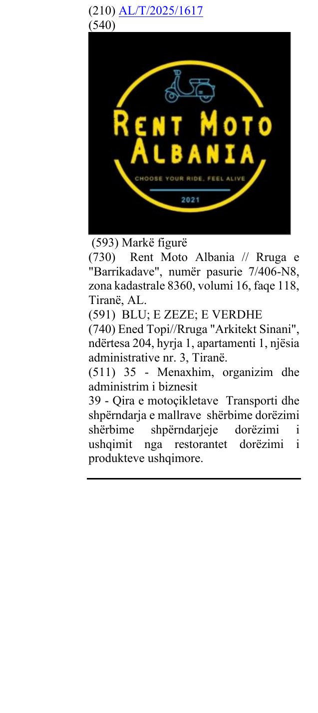 Zëri i markës RENT MOTO ALBANIA CHOOSE YOUR RIDE FEEL ALIVE në buletin