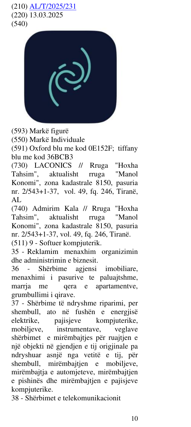 Zëri i markës AL/T/2025/231 në buletin