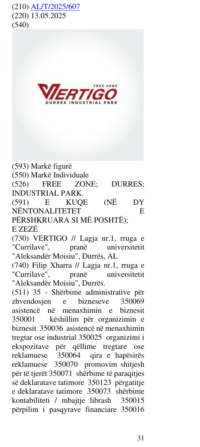 Zëri i markës FREE ZONE; DURRES; INDUSTRIAL PARK. në buletin
