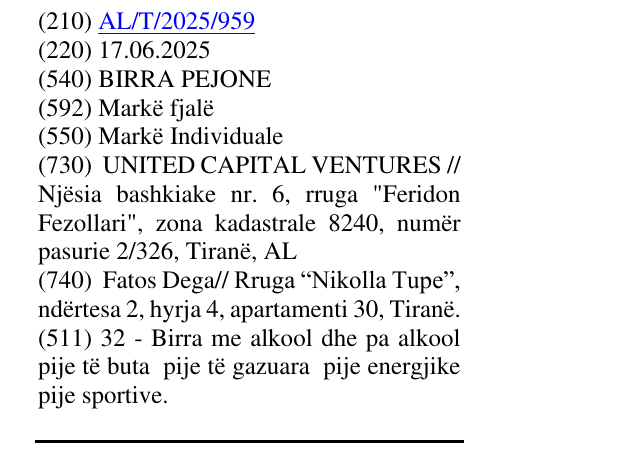Zëri i markës BIRRA PEJONE në buletin