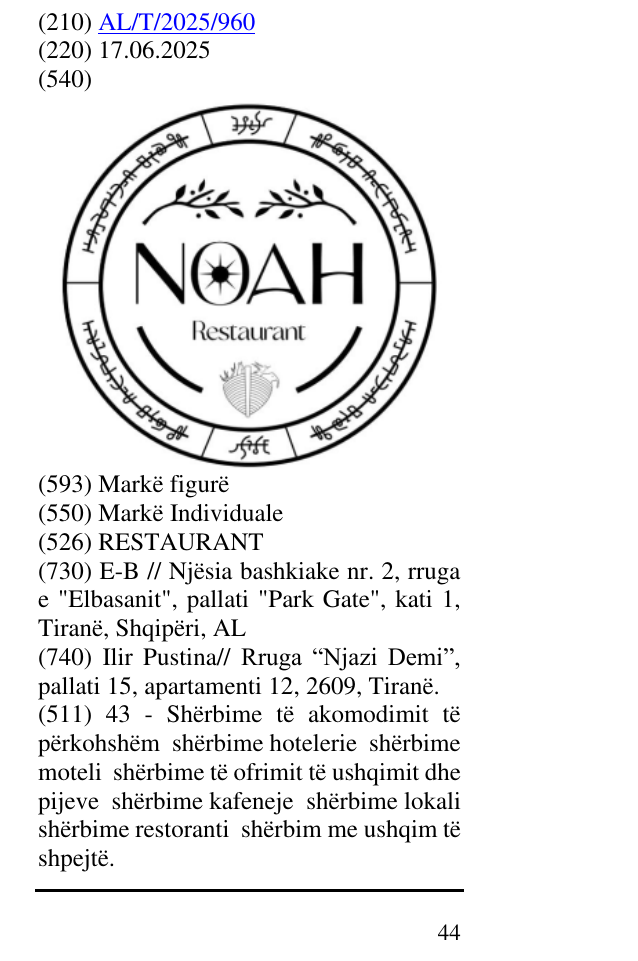 Zëri i markës RESTAURANT në buletin