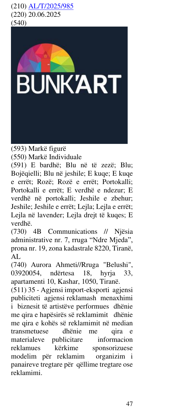 Zëri i markës BUNK'ART në buletin