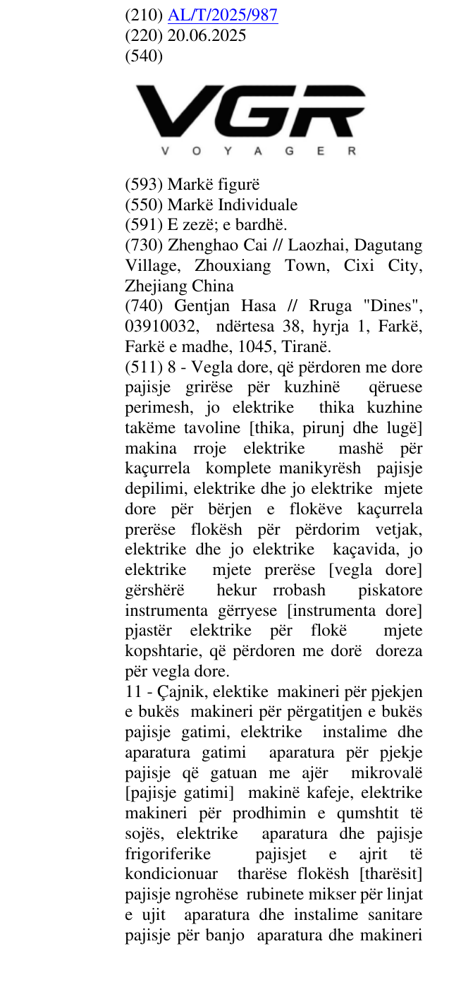 Zëri i markës VGR VOYAGER në buletin