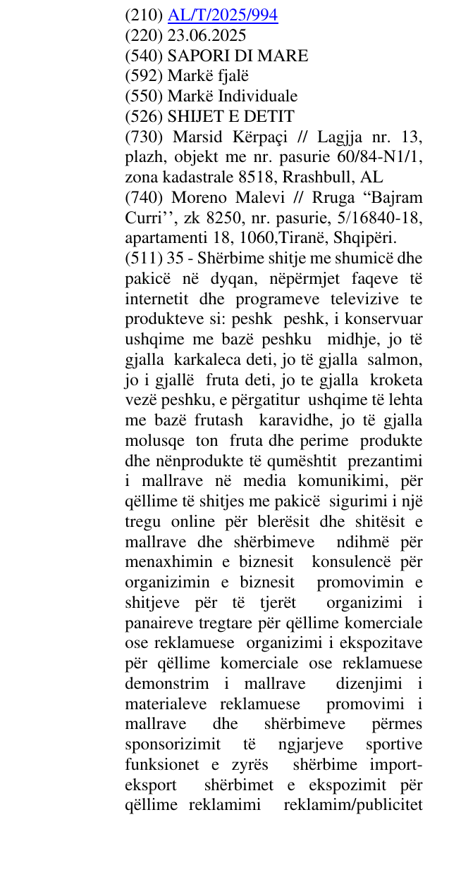 Zëri i markës SAPORI DI MARE në buletin
