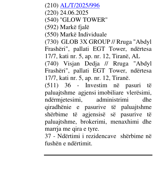 Zëri i markës ''GLOW TOWER'' në buletin