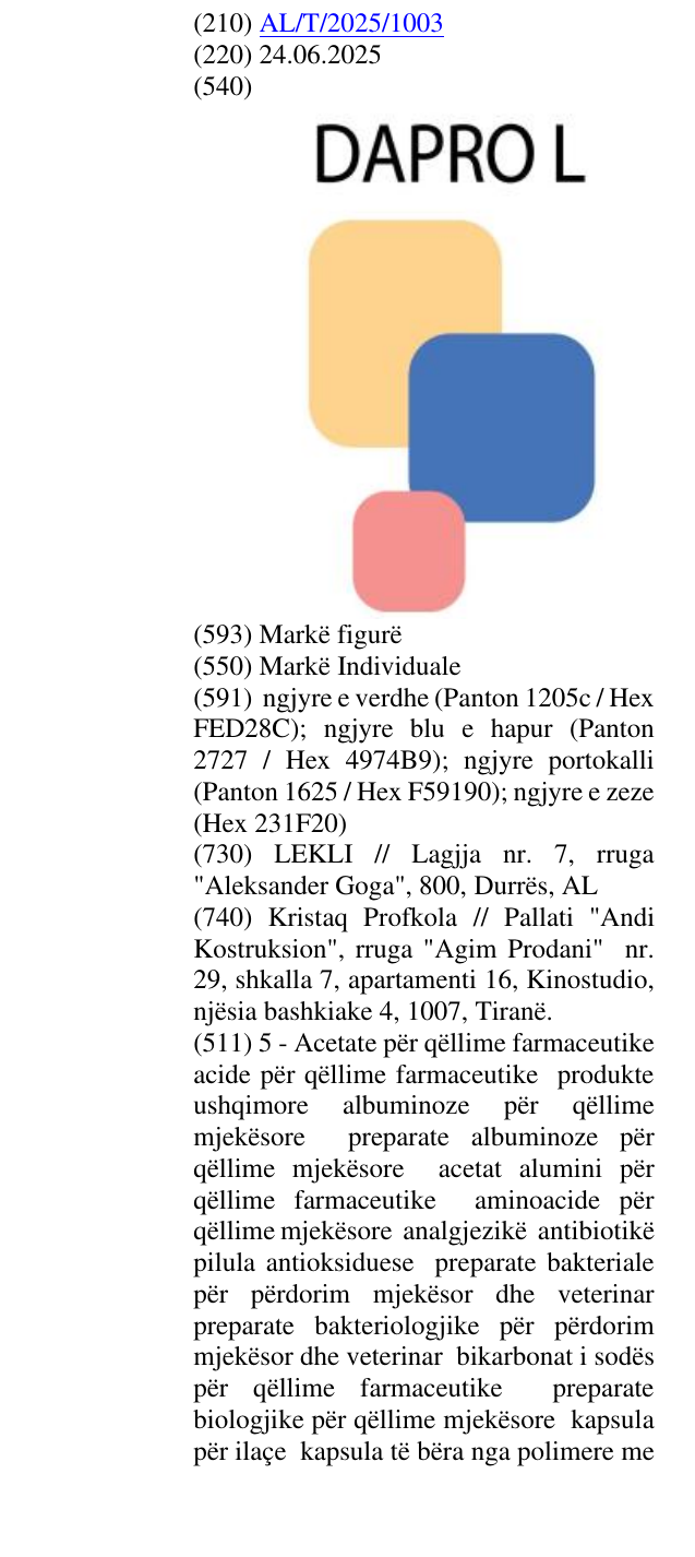 Zëri i markës DAPRO L në buletin