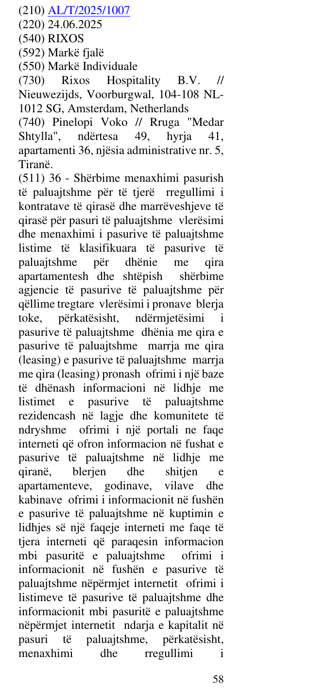 Zëri i markës RIXOS në buletin