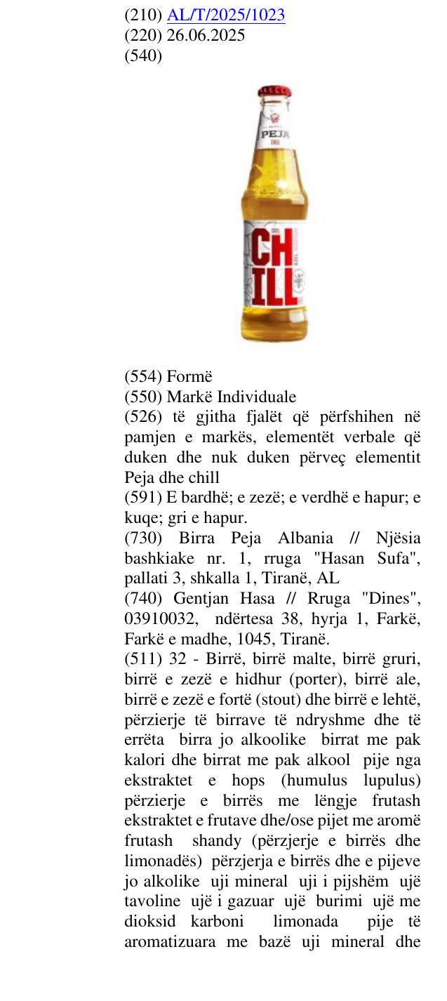 Zëri i markës të gjitha fjalët që përfshihen në pamjen e markës, elementët verbale që duken dhe nuk duken përveç elementit Peja dhe chill në buletin