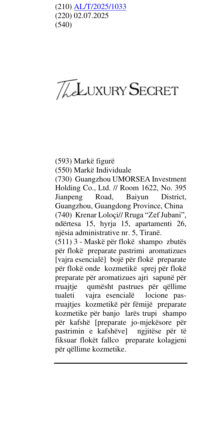 Zëri i markës THE LUXURY SECRET në buletin