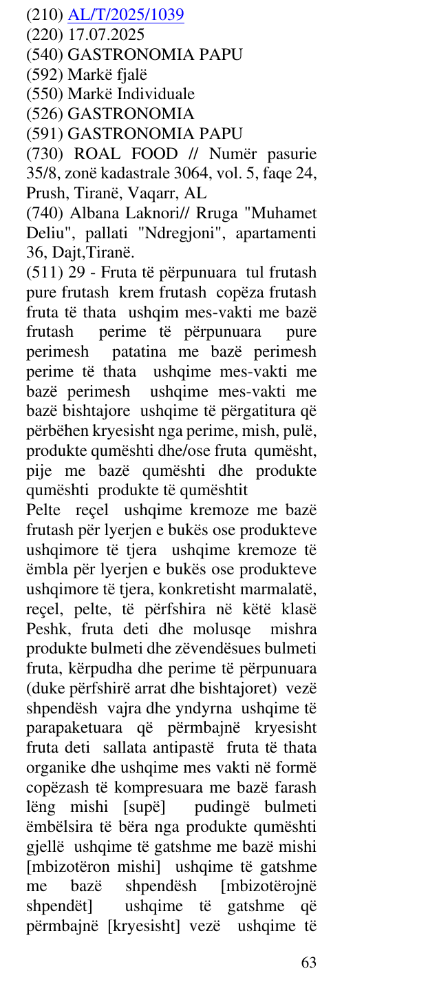 Zëri i markës GASTRONOMIA PAPU në buletin
