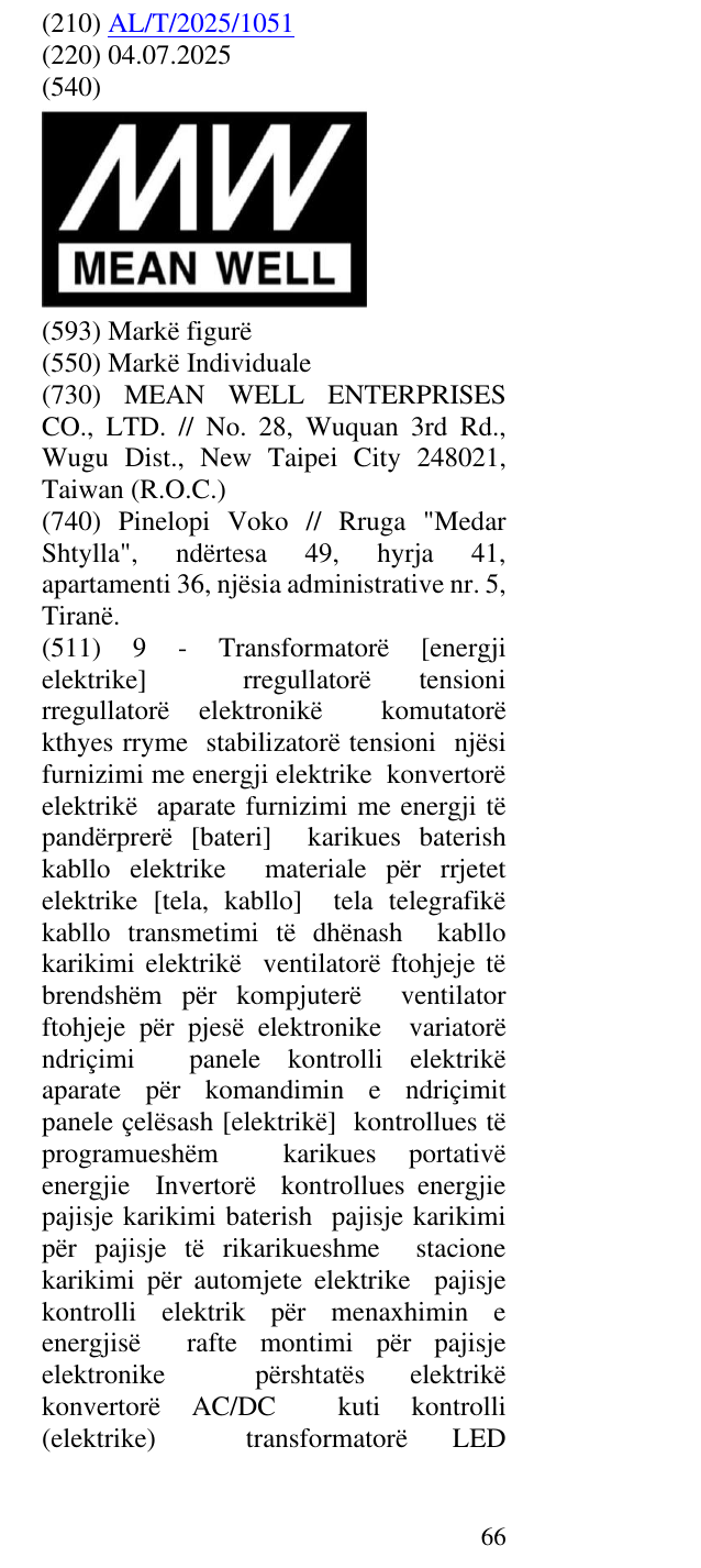 Zëri i markës MW MEAN WELL në buletin