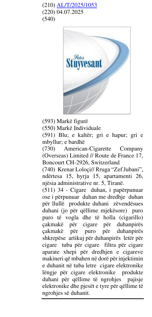 Zëri i markës PETER STUYVESANT në buletin