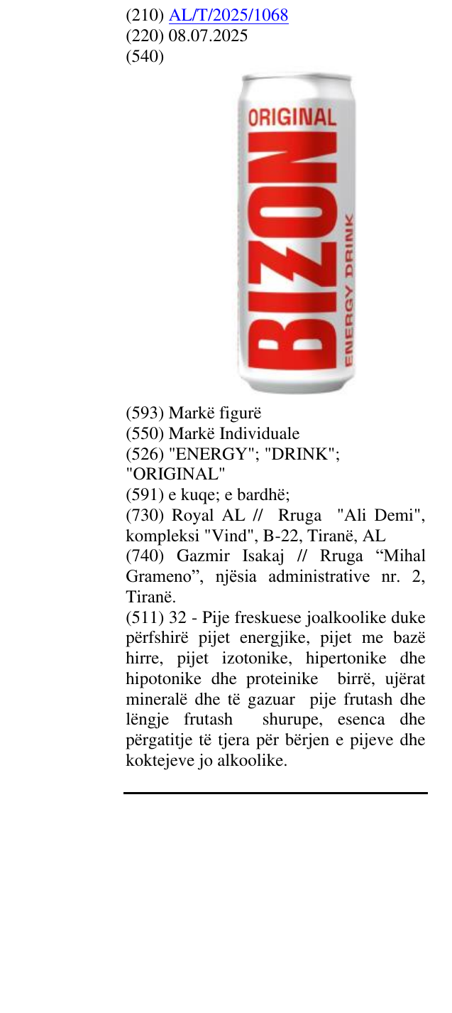 Zëri i markës "ENERGY"; "DRINK"; "ORIGINAL" në buletin