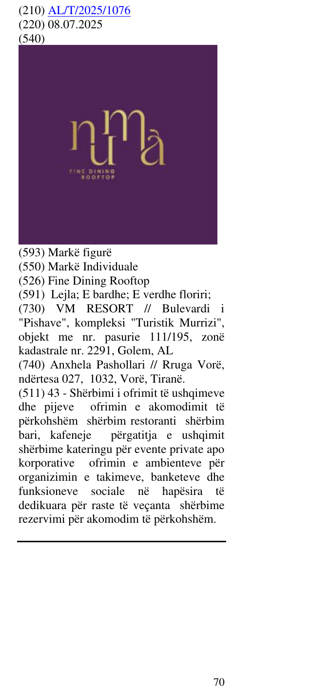 Zëri i markës Fine Dining Rooftop në buletin