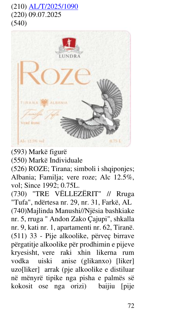 Zëri i markës ROZE; Tirana; simboli i shqiponjes; Albania; Familja; vere roze; Alc 12.5%, vol; Since 1992; 0.75L. në buletin
