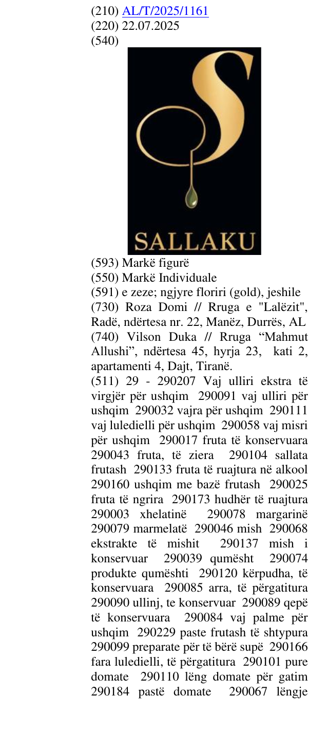 Zëri i markës SALLAKU në buletin