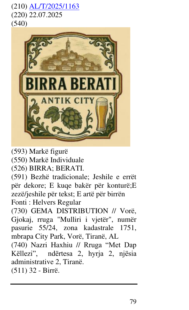 Zëri i markës BIRRA; BERATI. në buletin